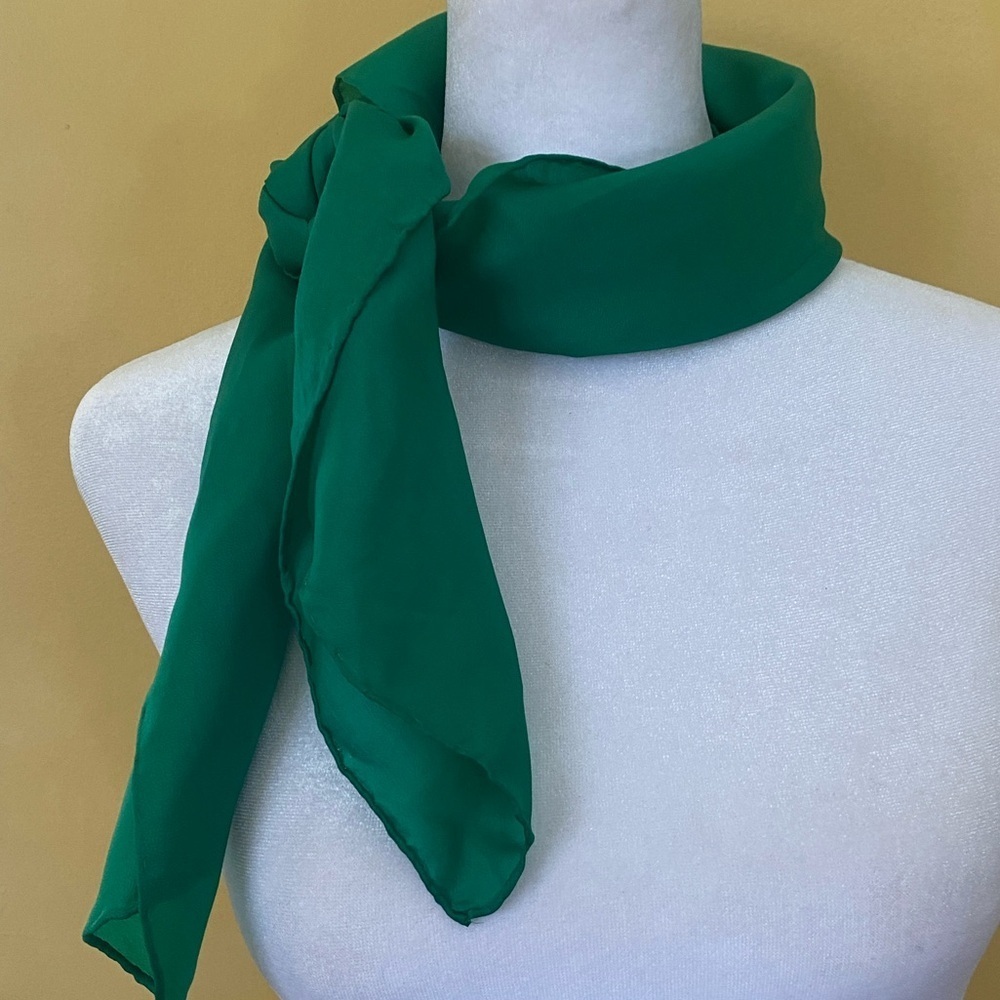 Vintage Green Rayon Scarf 31 Inch Square Hand Rolled Edge